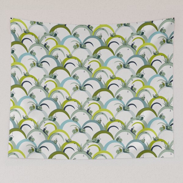 Item preview, Cute snails on blades of grass in blue and green spring colors, pattern designed and sold by Katj-A-Studio.
