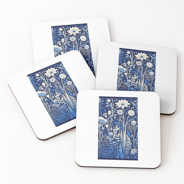 Item preview, Blue and white nature and floral linograph vintage folk art designed and sold by Earth Nature Creations.