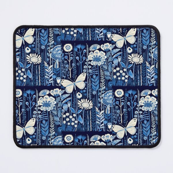 Item preview, Blue and white nature and floral linograph vintage folk art designed and sold by Earth Nature Creations.