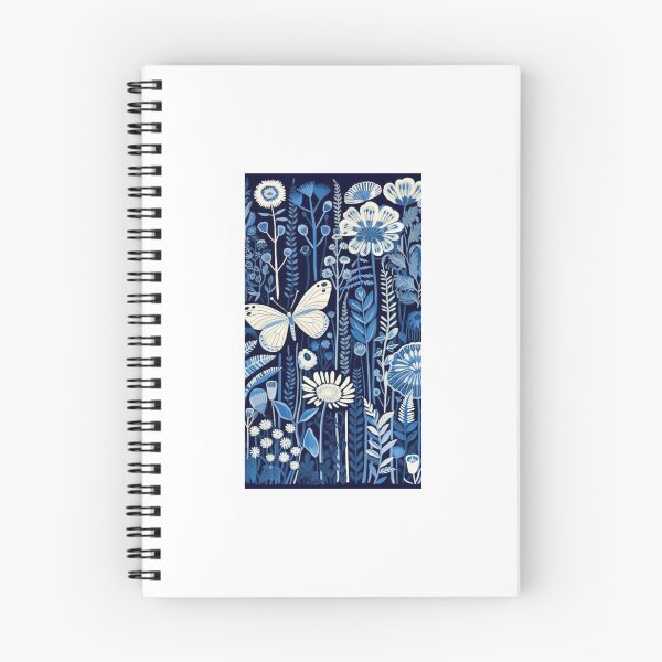 Item preview, Blue and white nature and floral linograph vintage folk art designed and sold by Earth Nature Creations.