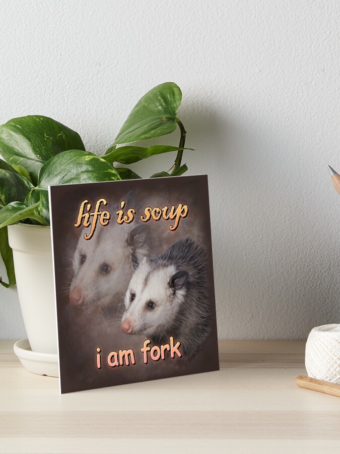 Life is soup, I am fork possum word art Sticker for Sale by snazzyseagull