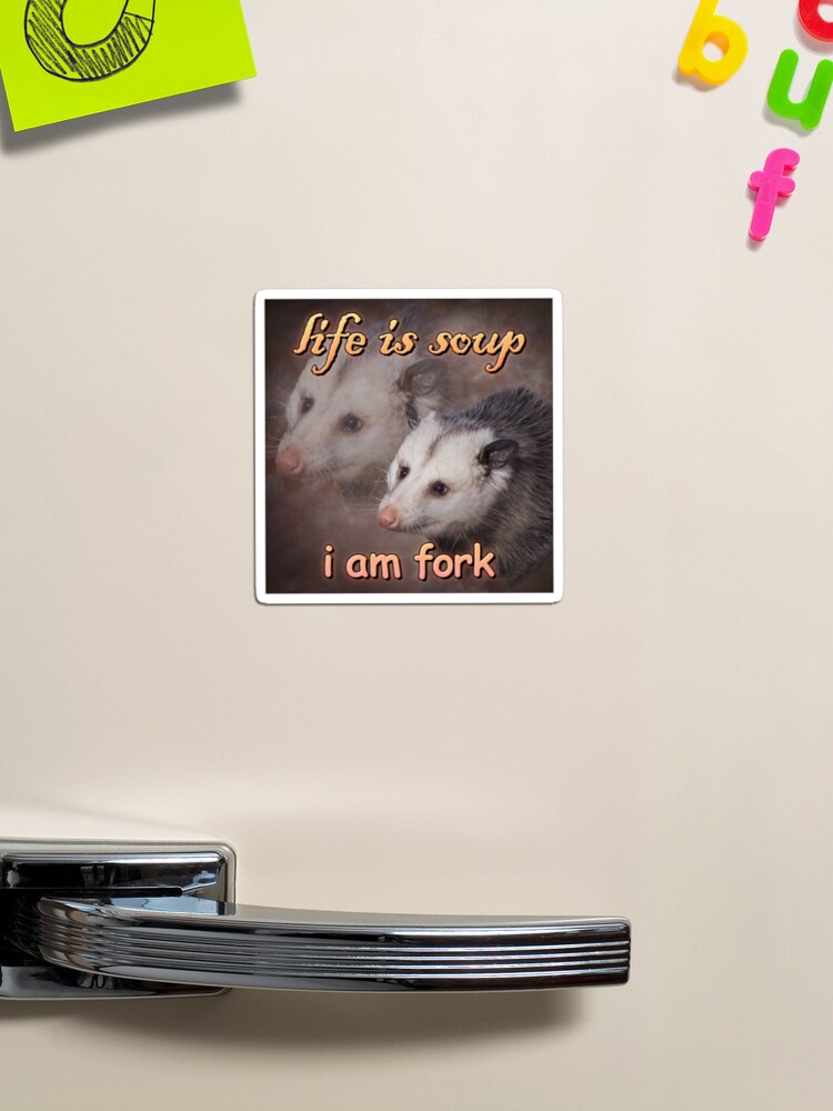 Life is soup, I am fork possum word art Sticker for Sale by snazzyseagull