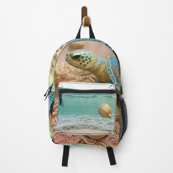 Item preview, Aqua Sea turtles on beach coastal blue and gold designed and sold by Inktown.