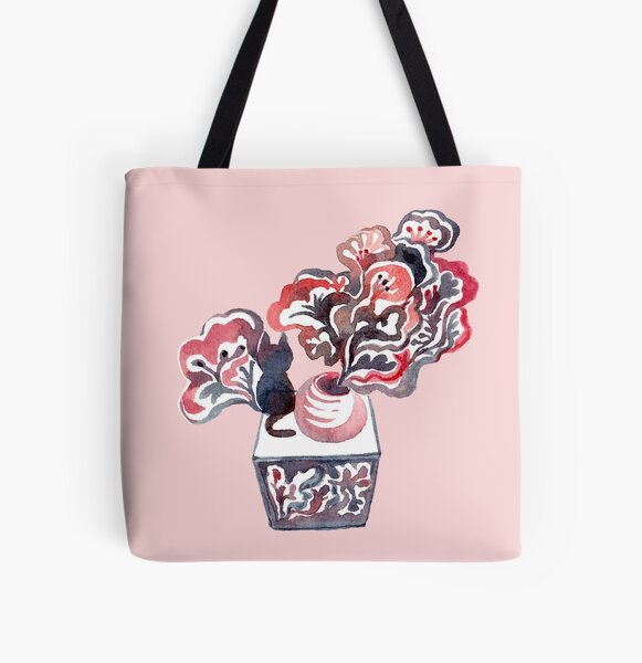 Cat and Flower Pot All Over Print Tote Bag