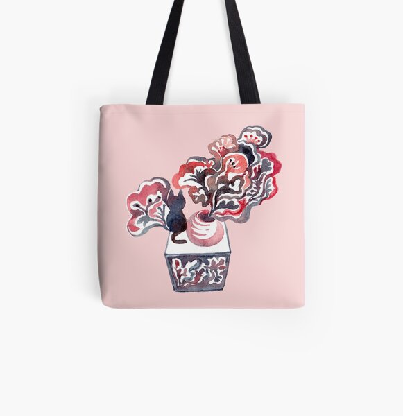 Cat and Flower Pot All Over Print Tote Bag
