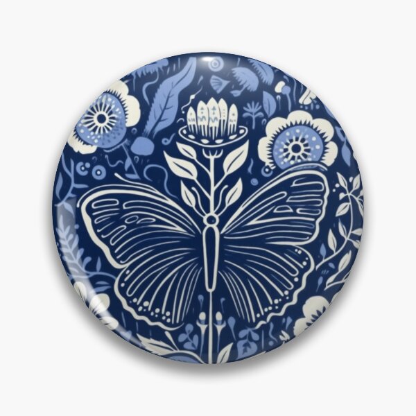 Item preview, Blue and white nature and floral linograph vintage folk art designed and sold by Earth Nature Creations.