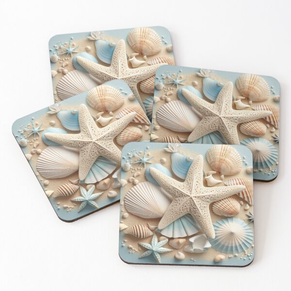 Item preview, Coastal blue  seashells and starfish on sand designed and sold by Inktown.