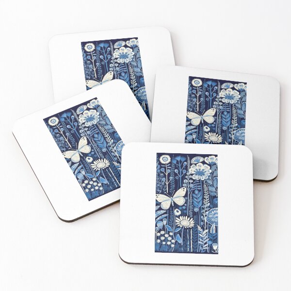 Item preview, Blue and white nature and floral linograph vintage folk art designed and sold by Earth Nature Creations.