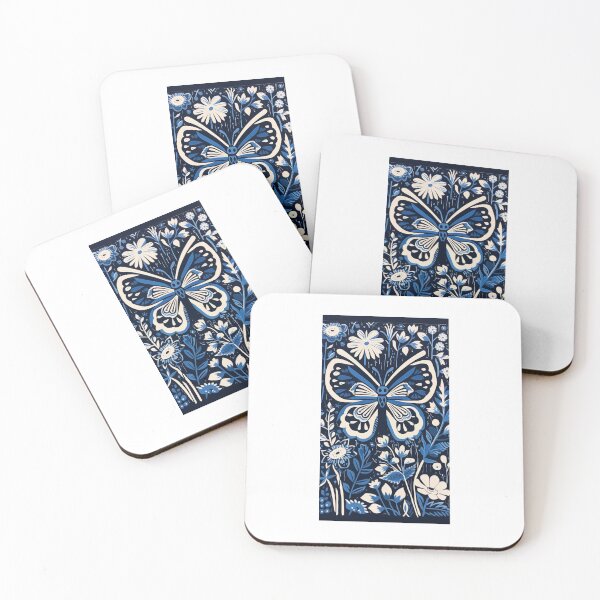 Item preview, Blue and white nature and floral linograph vintage folk art designed and sold by Earth Nature Creations.