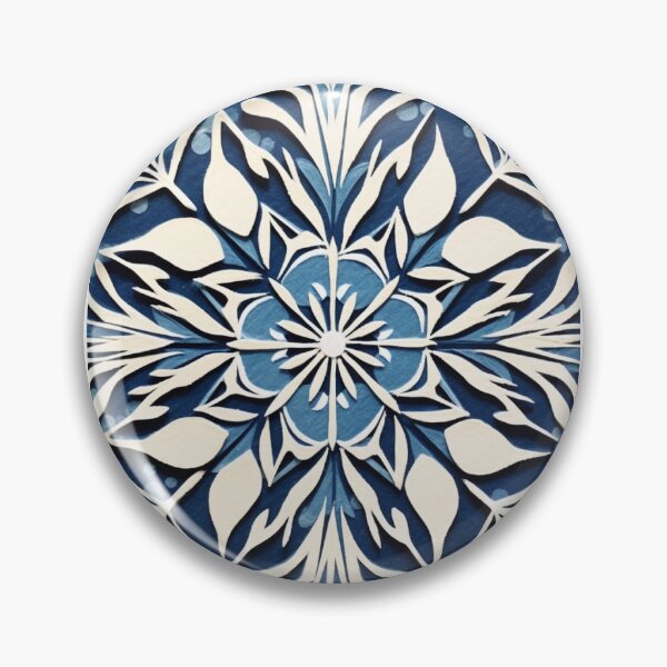 Item preview, Blue and white nature and snowflake linograph vintage folk art designed and sold by Earth Nature Creations.