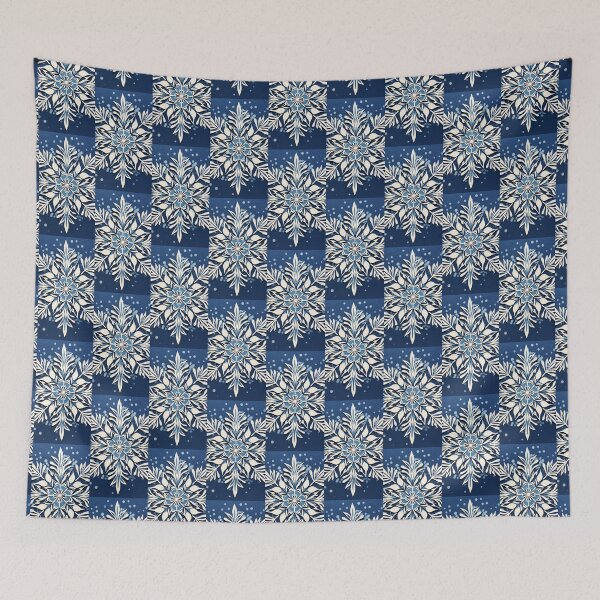 Item preview, Blue and white nature and snowflake linograph vintage folk art designed and sold by Earth Nature Creations.