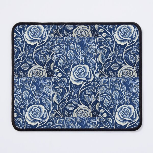 Item preview, Blue and white nature and roses linograph folk art designed and sold by Earth Nature Creations.