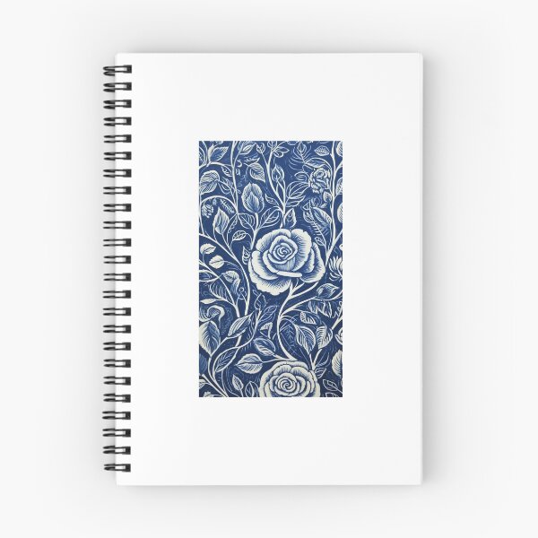 Item preview, Blue and white nature and roses linograph folk art designed and sold by Earth Nature Creations.
