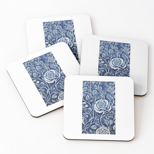 Item preview, Blue and white nature and roses linograph folk art designed and sold by Earth Nature Creations.
