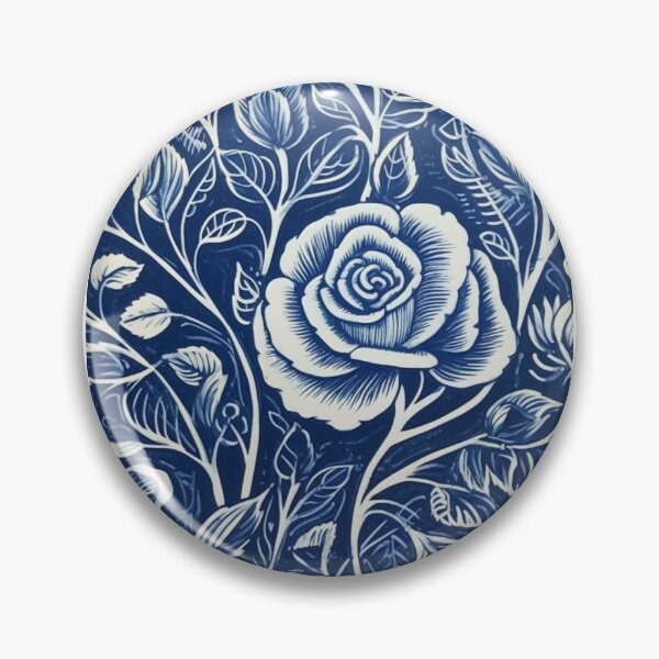 Item preview, Blue and white nature and roses linograph folk art designed and sold by Earth Nature Creations.