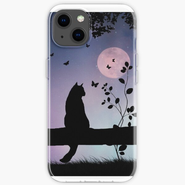 Cute Cat and Butterflies in Full Moon iPhone Soft Case