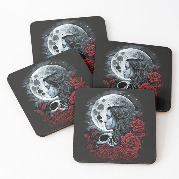Item preview, woman, she is half woman and half skull, there is a big moon in the background, gorgeous and mysterious, roses designed and sold by sparkzeno.