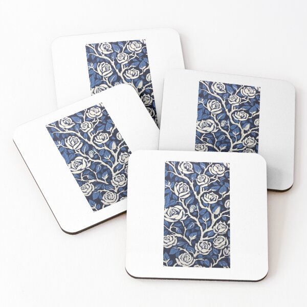 Item preview, Blue and white nature and roses linograph folk art designed and sold by Earth Nature Creations.