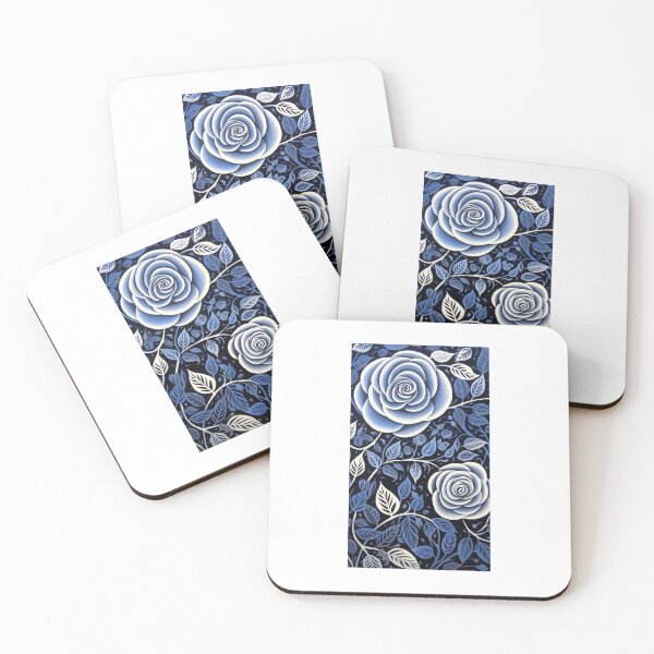 Item preview, Blue and white roses linograph folk art designed and sold by Earth Nature Creations.