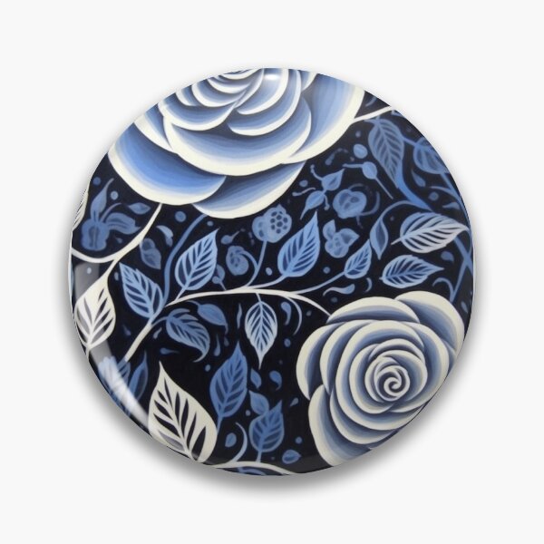 Item preview, Blue and white roses linograph folk art designed and sold by Earth Nature Creations.