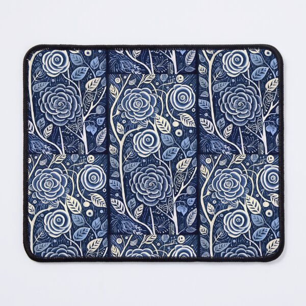 Item preview, Blue and white roses linograph folk art designed and sold by Earth Nature Creations.