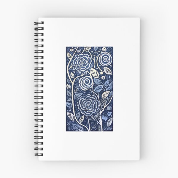 Item preview, Blue and white roses linograph folk art designed and sold by Earth Nature Creations.