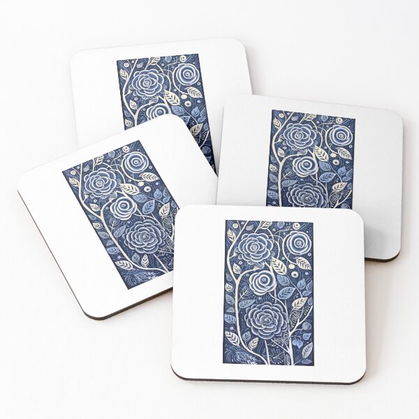 Item preview, Blue and white roses linograph folk art designed and sold by Earth Nature Creations.