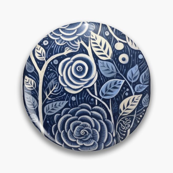 Item preview, Blue and white roses linograph folk art designed and sold by Earth Nature Creations.