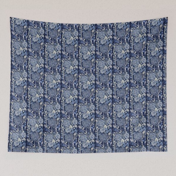 Item preview, Blue and white roses linograph folk art designed and sold by Earth Nature Creations.