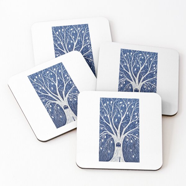 Item preview, Blue and white tree linograph folk art designed and sold by Earth Nature Creations.