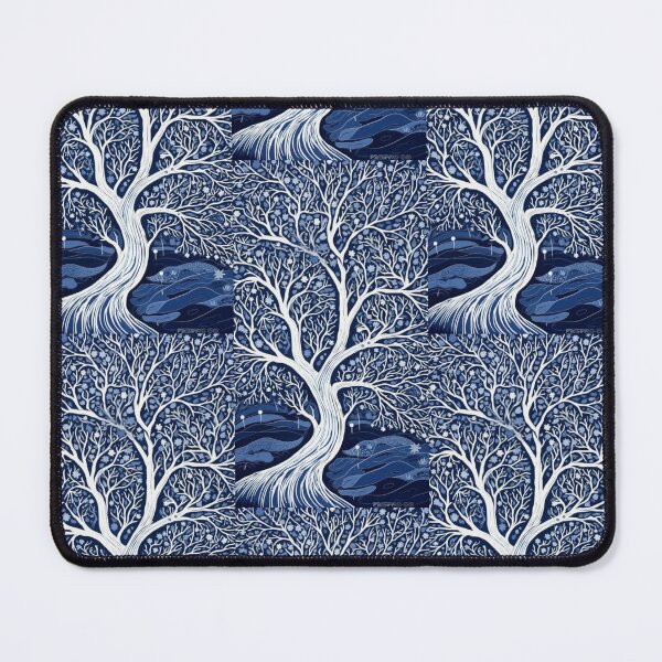Item preview, Blue and white tree linograph folk art designed and sold by Earth Nature Creations.