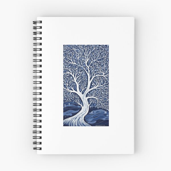 Item preview, Blue and white tree linograph folk art designed and sold by Earth Nature Creations.