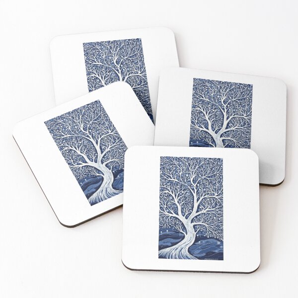 Item preview, Blue and white tree linograph folk art designed and sold by Earth Nature Creations.