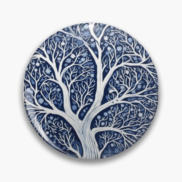Item preview, Blue and white tree linograph folk art designed and sold by Earth Nature Creations.