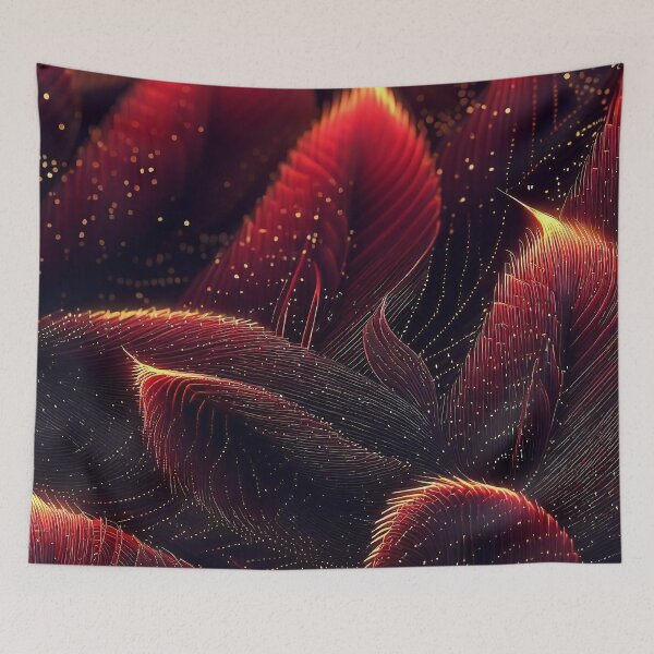 Item preview, Red and amber feather lines and dots on black background abstract pattern designed and sold by TomFrontierArt.