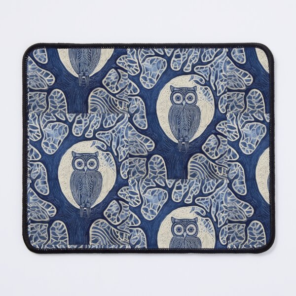 Item preview, Blue and white tree owl linograph folk art designed and sold by Earth Nature Creations.
