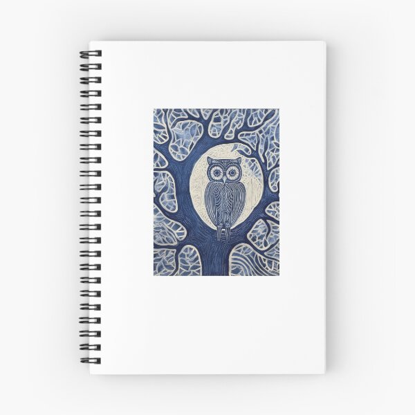 Item preview, Blue and white tree owl linograph folk art designed and sold by Earth Nature Creations.