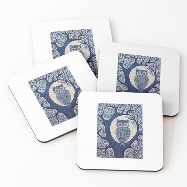 Item preview, Blue and white tree owl linograph folk art designed and sold by Earth Nature Creations.