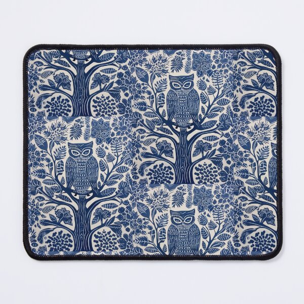 Item preview, Blue and white owl in a tree linograph folk art designed and sold by Earth Nature Creations.