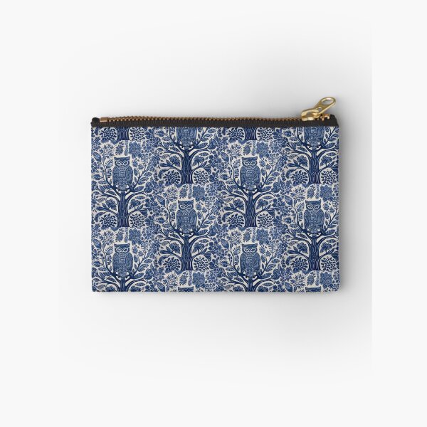 Item preview, Blue and white owl in a tree linograph folk art designed and sold by Earth Nature Creations.