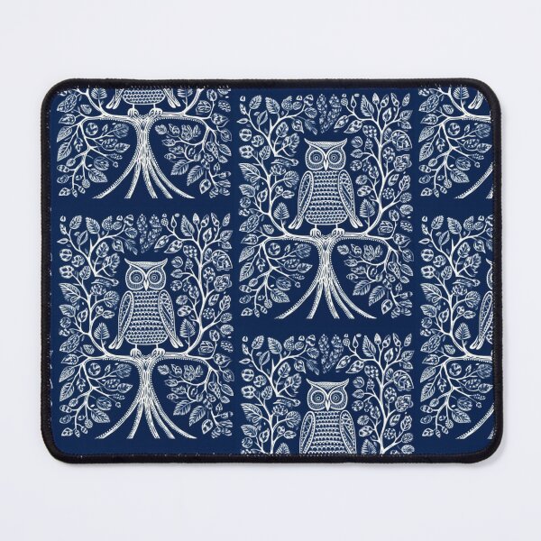 Item preview, Blue and white owl in a tree linograph folk art designed and sold by Earth Nature Creations.
