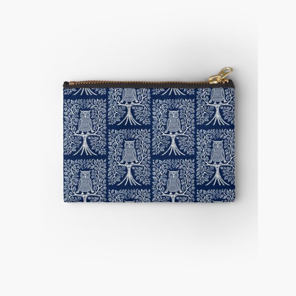 Item preview, Blue and white owl in a tree linograph folk art designed and sold by Earth Nature Creations.
