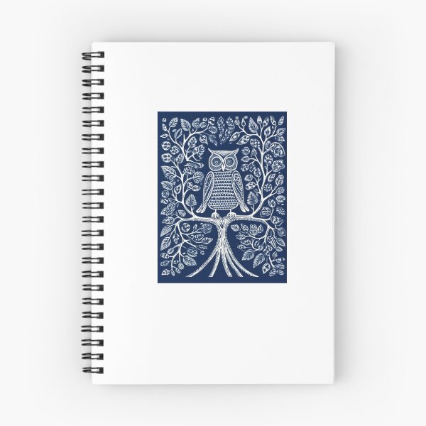 Item preview, Blue and white owl in a tree linograph folk art designed and sold by Earth Nature Creations.