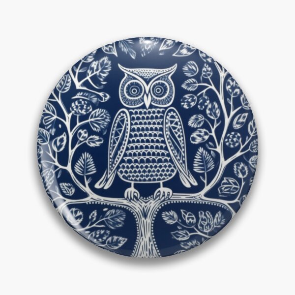 Item preview, Blue and white owl in a tree linograph folk art designed and sold by Earth Nature Creations.