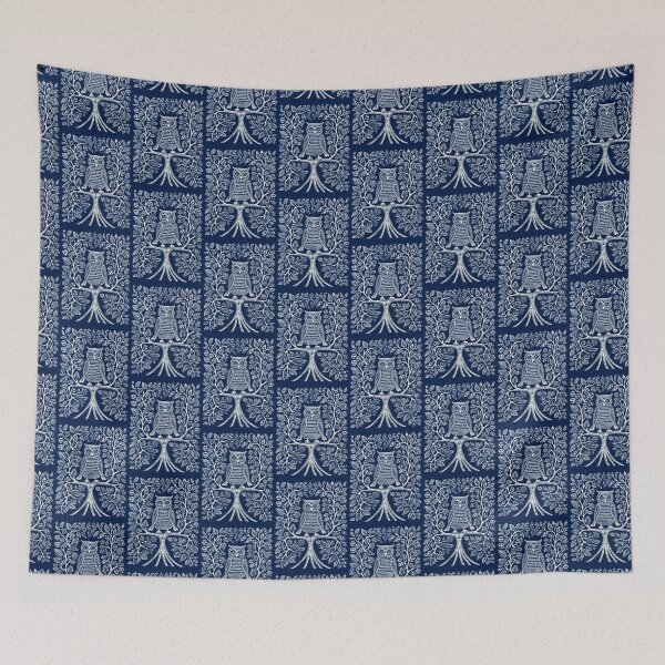 Item preview, Blue and white owl in a tree linograph folk art designed and sold by Earth Nature Creations.
