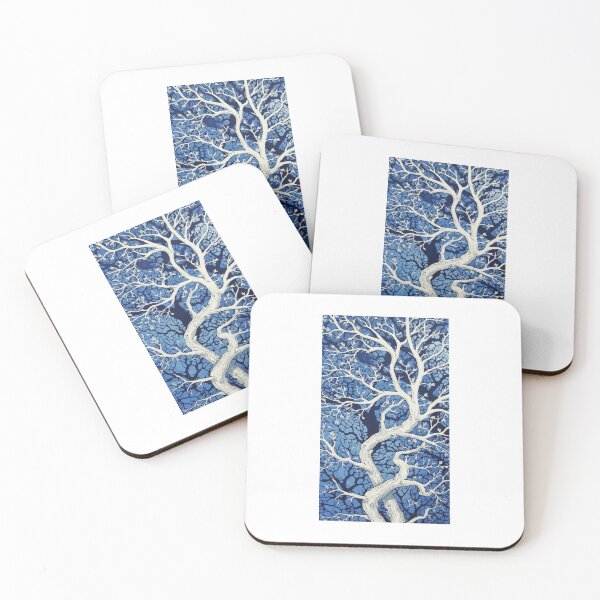 Item preview, Blue and white tree linograph folk art designed and sold by Earth Nature Creations.