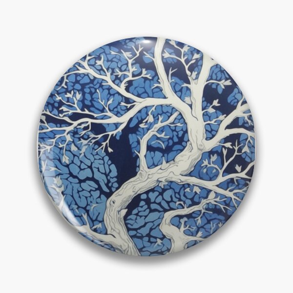 Item preview, Blue and white tree linograph folk art designed and sold by Earth Nature Creations.
