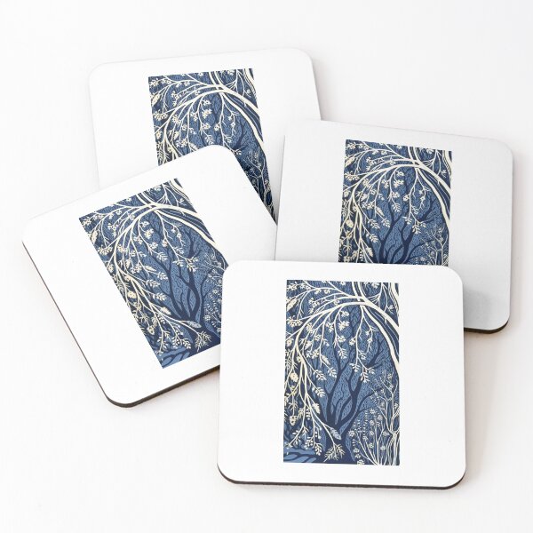 Item preview, Blue and white tree linograph folk art designed and sold by Earth Nature Creations.