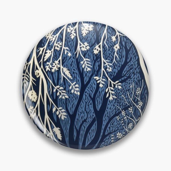 Item preview, Blue and white tree linograph folk art designed and sold by Earth Nature Creations.
