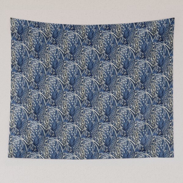 Item preview, Blue and white tree linograph folk art designed and sold by Earth Nature Creations.
